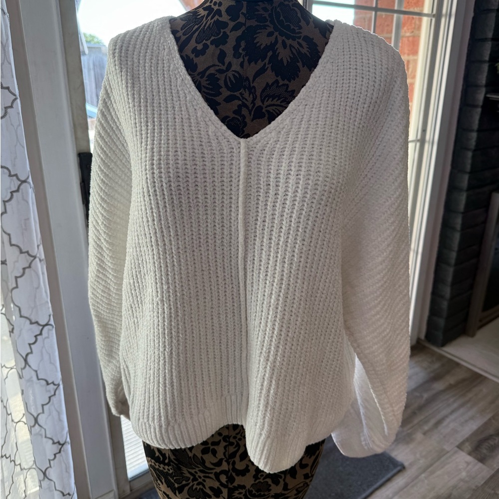 Pink Rose Ivory Lurex Metallic V-Neck Chenille Knit Sweater XL 4S20526